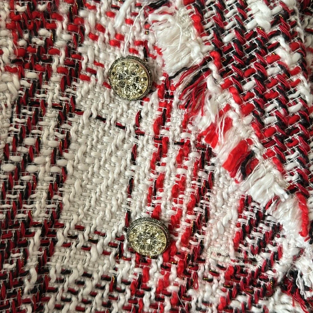 Zara Red, Cream, Black Blazer with Plaid Design and Gold Threading - Picture 3 of 6